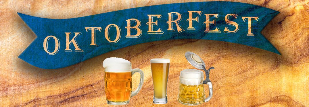 Blue Oktoberfest Banner on Wood Background with Three Beers